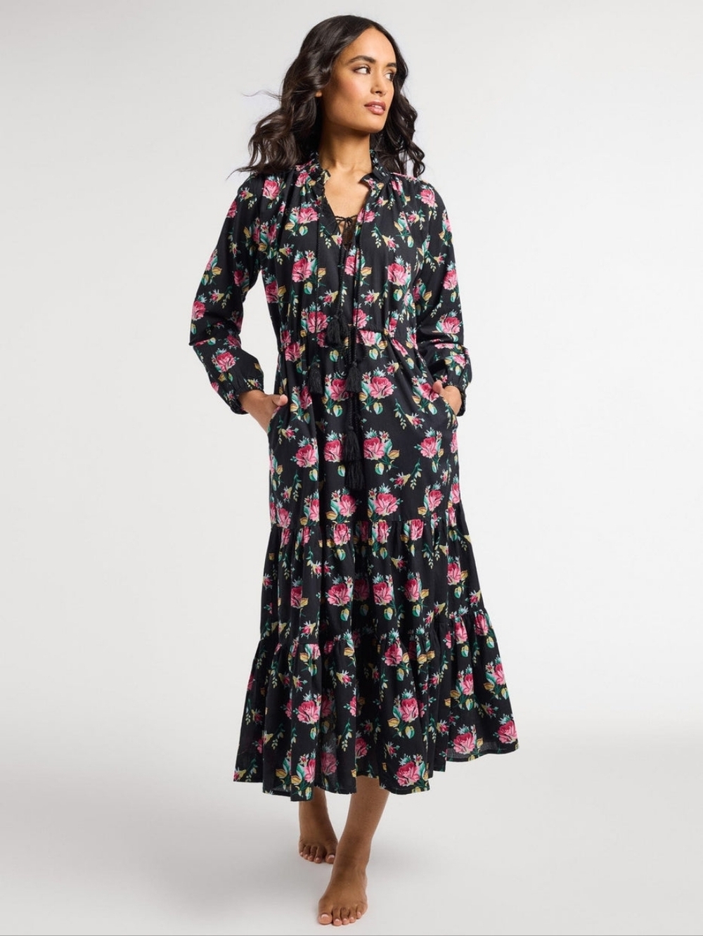 Mille Astrid Floral Tiered Maxi Dress in Black and Pink